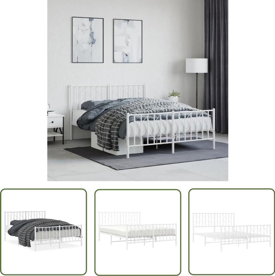 VidaXL Bedframe met hoofd- en voeteneinde metaal wit 135x190 cm Bedframe Houten Bed Tweepersoonsbed Enkelpersoonsbed Metalen Bed