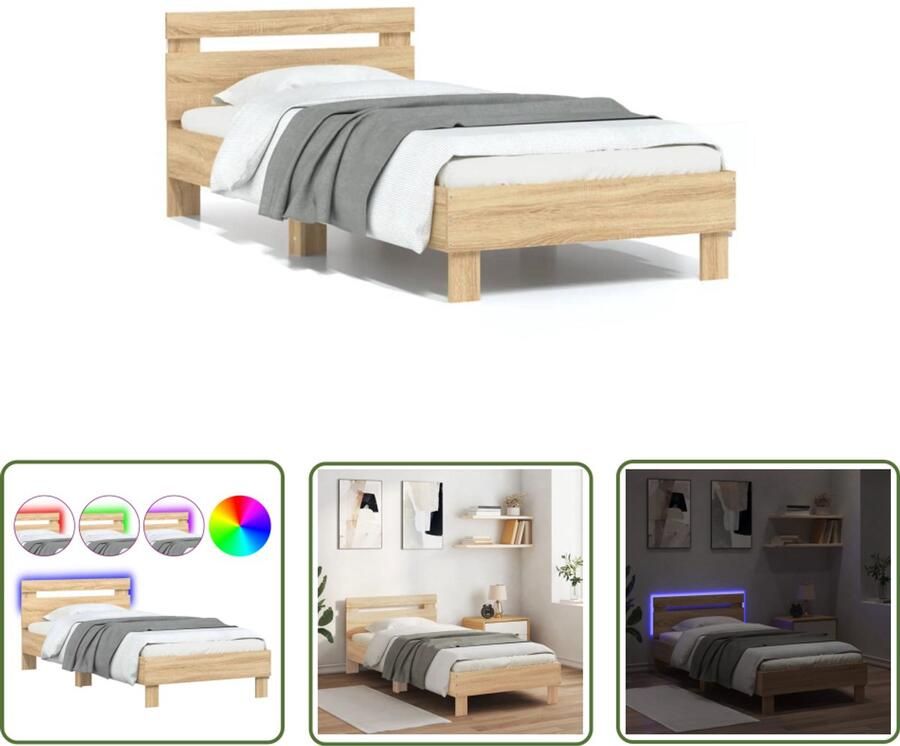 VidaXL Bedframe met hoofdbord en LED sonoma eikenkleurig 75x190 cm Bedframe Houten Bed Sonomane Eiken Led Verlichting Hoofdbord