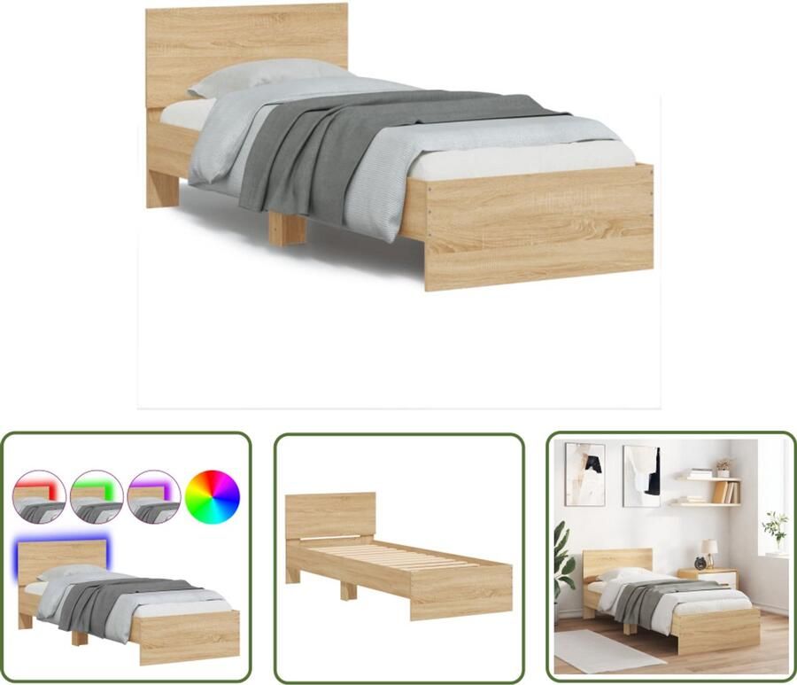 VidaXL Bedframe met hoofdbord en LED sonoma eikenkleurig 90x190 cm Bedframe Houten Bed Sonomane Eiken Led Verlichting Tweepersoonsbed