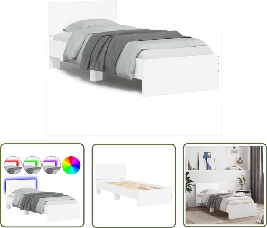 VidaXL Bedframe met hoofdbord en LED-verlichting wit 75x190 cm Bedframe Houten Bed Led Bed Modern Bed Tweepersoonsbed