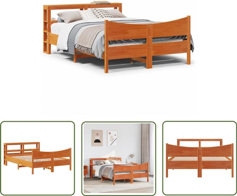 VidaXL Houten Bed Bedframe met hoofdbord massief grenenhout wasbruin 150x200 cm Bed Met Hoofdbord Grenen Hout Slaapkamers