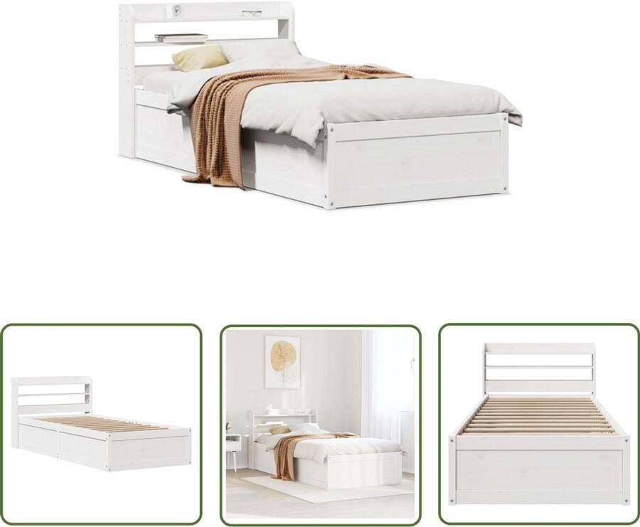 VidaXL Houten Bed Bedframe met hoofdbord massief grenenhout wit 75x190 cm Slaapkamers Grenenhouten Bed Met Opbergvakken