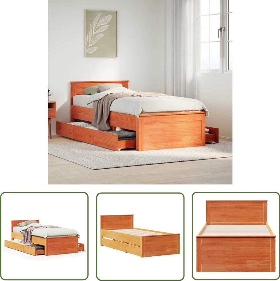 VidaXL Houten Bed Bedframe met hoofdbord zonder matras hout wasbruin 90x190 cm Bed Met Hoofdbord Slaapkamers Massief Grenenhout