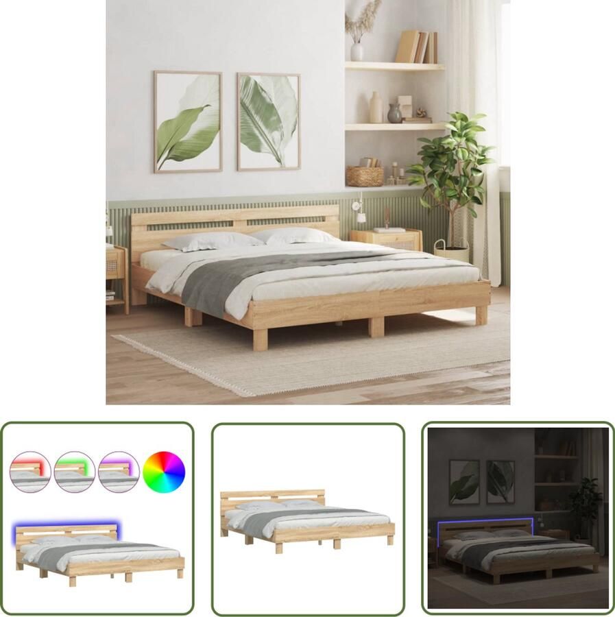 VidaXL Houten Bed Bedframe met hoofdeinde en LED sonoma eikenkleurig 180x200 cm Slaapcomfort Led Verlichting Bedroom Furniture
