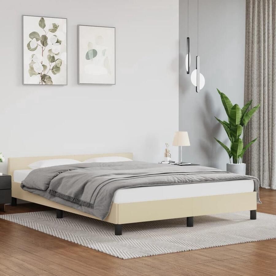 The Living Store Bedframe met hoofdeinde zonder matras 140x190 cm crèmekleurig Bedframe Houten Bed Creme Bed Kunstleer Bed Boxspring Bed