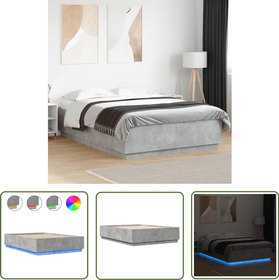 VidaXL Bedframe met LED-verlichting bewerkt hout betongrijs 160x200 cm Bedframe Houten Bed Betongrijze Bed Led Bed Tweepersoons Bed