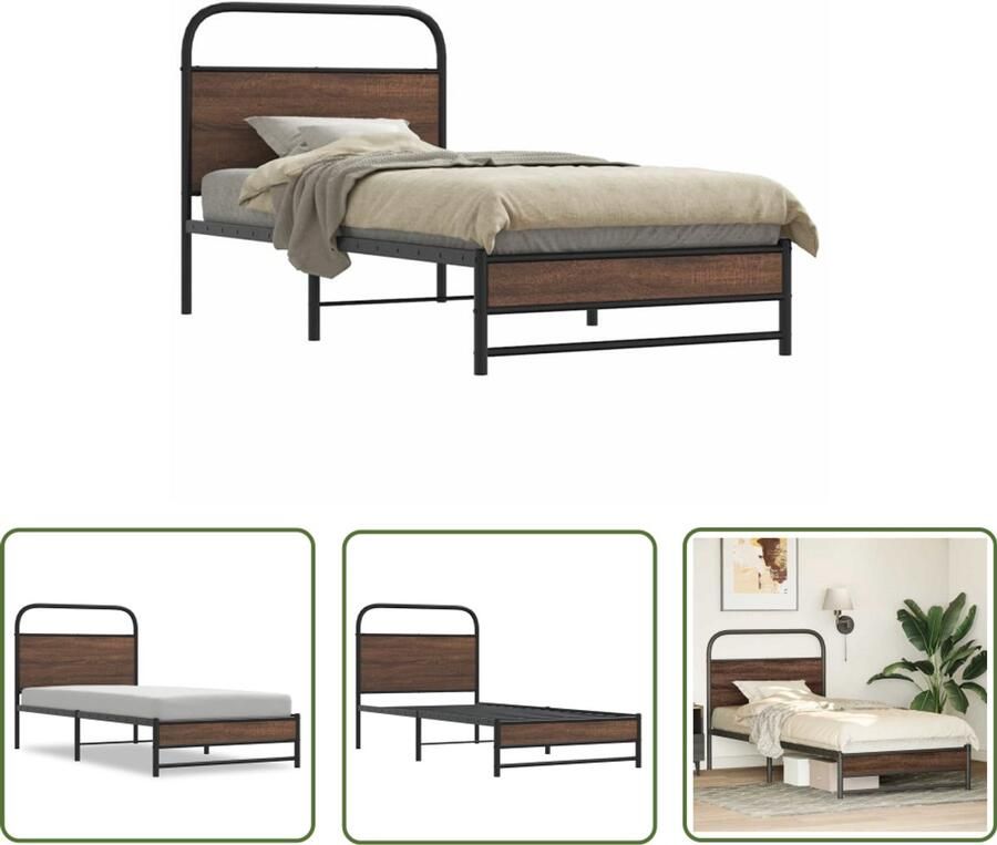 VidaXL Houten Bed Bedframe zonder matras bewerkt hout bruin eikenkleur 100x200 cm Bruine Eiken Kleur Tweepersoonsbed Boxspring