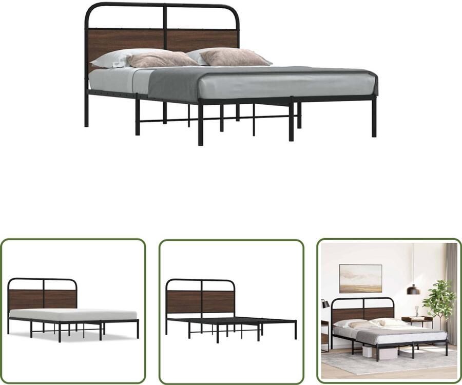 VidaXL Houten Bed Bedframe zonder matras bewerkt hout bruin eikenkleur 160x200 cm Bed Met Hoofdbord Slaapkamers Bedroom Furniture