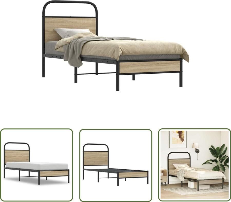 VidaXL Houten Bed Bedframe zonder matras bewerkt hout gerookt eiken 75x190 cm Bed Met Hoofdeinde Gerookt Eiken Slaapkamerdecoratie