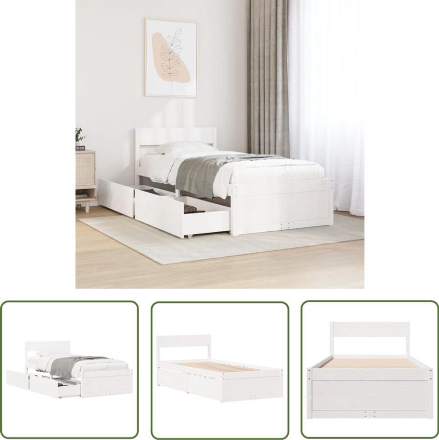 VidaXL Bedframe zonder matras massief grenenhout wit 90x200 cm Bedframe Houten Bed Enkel Bed Met Lade Grenen Hout Bed