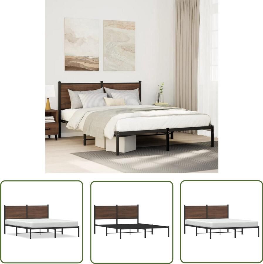 VidaXL Houten Bed Bedframe zonder matras metaal bruin eikenkleurig 137x190 cm Staal Bed Bruine Bed Tweepersoonsbed