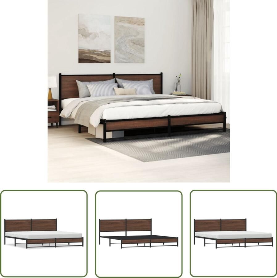 VidaXL Houten Bed Bedframe zonder matras metaal bruin eikenkleurig 200x200 cm Industrieel Bed Tweepersoonsbed Boxspring