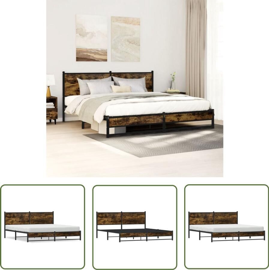 VidaXL Houten Bed Bedframe zonder matras metaal gerookt eikenkleurig 160x200 cm Metalen Bedframe Bedbank Boxspring