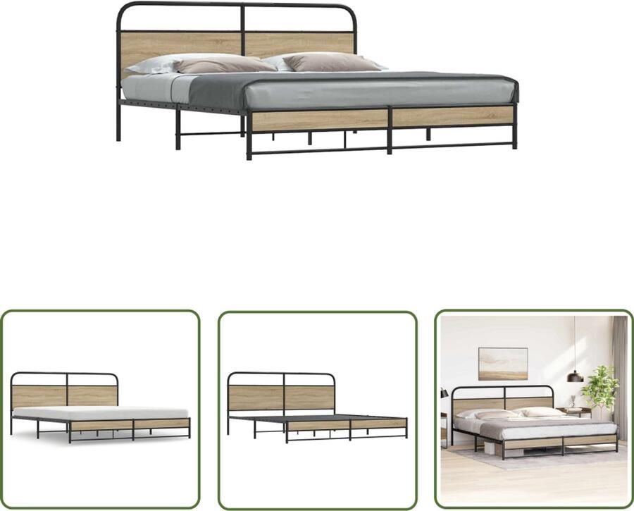 VidaXL Houten Bed Bedframe zonder matras metaal gerookt eikenkleurig 180x200 cm Metalen Bed Boxspring Slaapcomfort