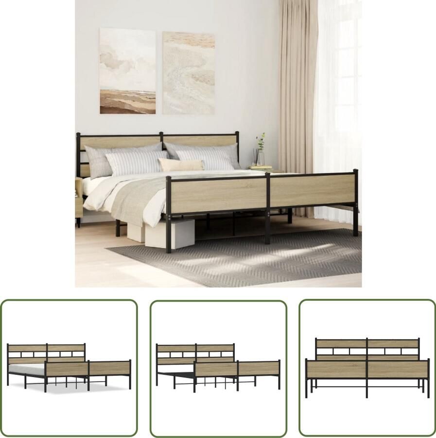 VidaXL Houten Bed Bedframe zonder matras metaal sonoma eikenkleurig 180x200 cm Metalen Bedframe Bed Slaapkamer