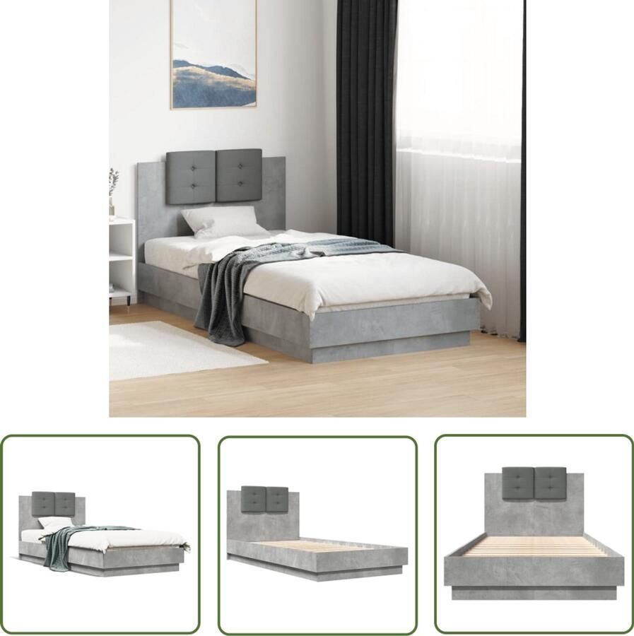 VidaXL Houten Bed Beton Grijs Bed Bedframe met hoofdbord bewerkt hout betongrijs 75x190 cm Tweepersoonsbed King Size Bed Hoofdbord Bed