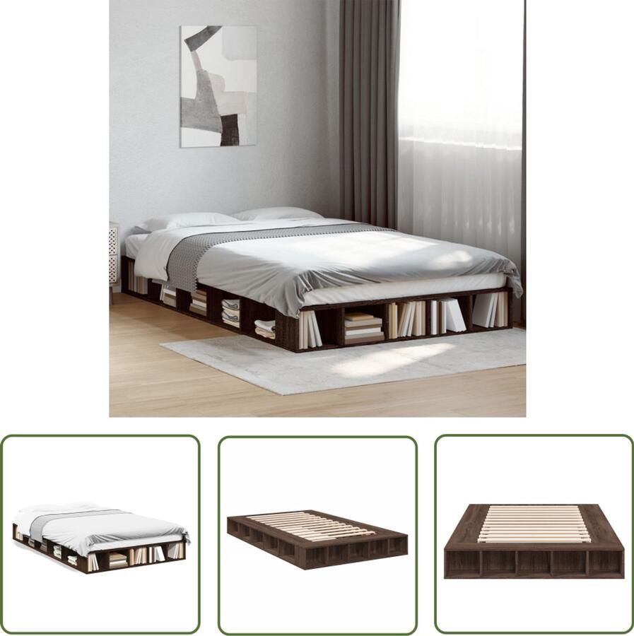 VidaXL Houten Bed Bruin Houten Bed Frame Bedframe bewerkt hout bruin eikenkleur 135x190 cm Bed 135x190 Tweepersoons Bed Bedkast