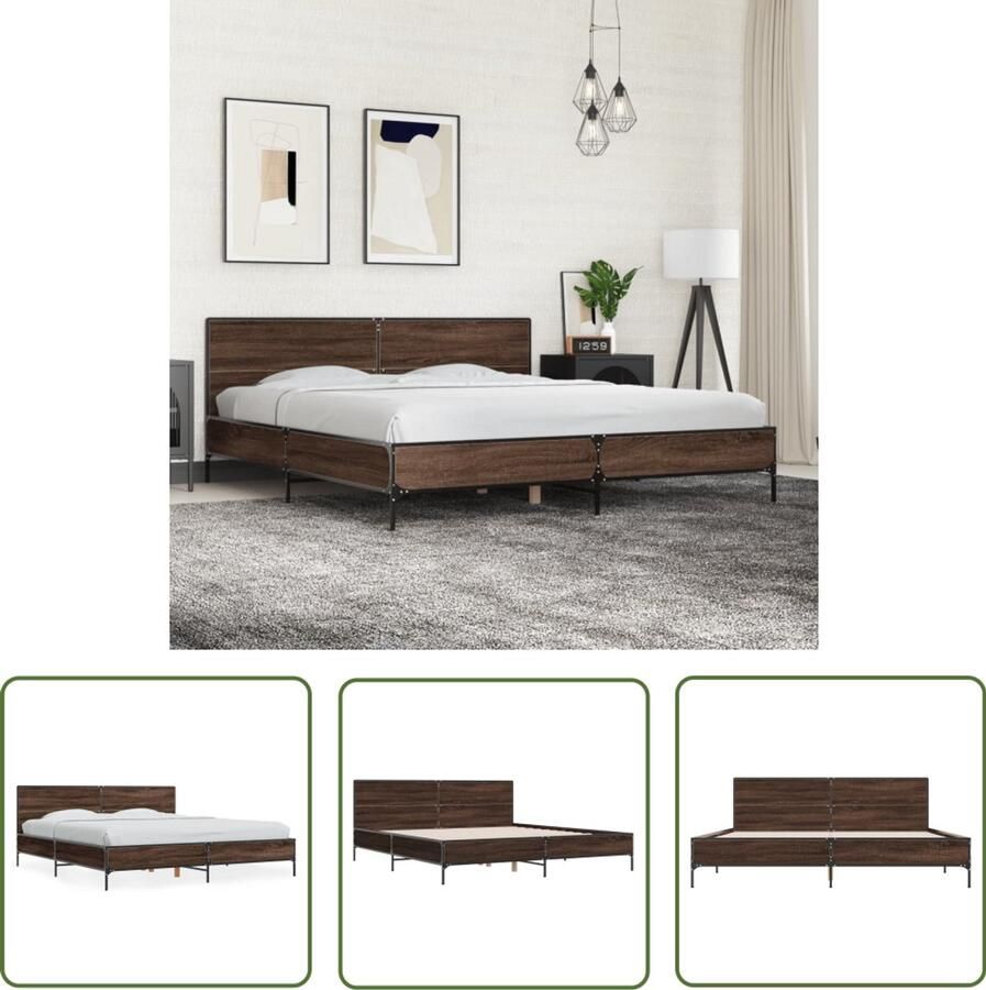 VidaXL Houten Bed Bruin Houten Bed Frame Bedframe bewerkt hout metaal bruin eikenkleur 180x200 cm Tweepersoons Bed King Size Bed Frame 180x200