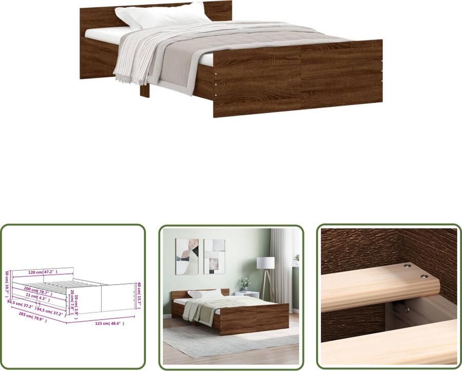 The Living Store Bedframe Bruineiken Hout 203 x 123 x 50 cm Functioneel hoofd- en voeteneinde Stevige lattenbodem Montage vereist Bruin Houten Bed Frame Houten Bed Boxspring Bed Frame 120x200 Bedstede - Foto 2