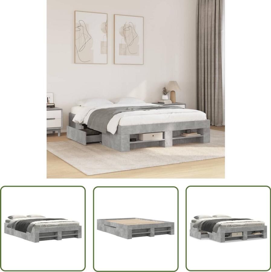 VidaXL Houten Bed Frame Bedframe bewerkt hout betongrijs 135x190 cm Betonnen Grijs Bed Slaapkamersdecoratie Boxspring