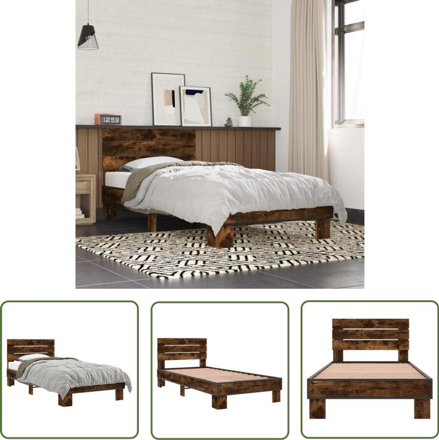 VidaXL Bedframe bewerkt hout en metaal gerookt eikenkleurig 100x200 cm Bed Frame Houten Bed Bruine Bed Tweepersoonsbed King Size Bed