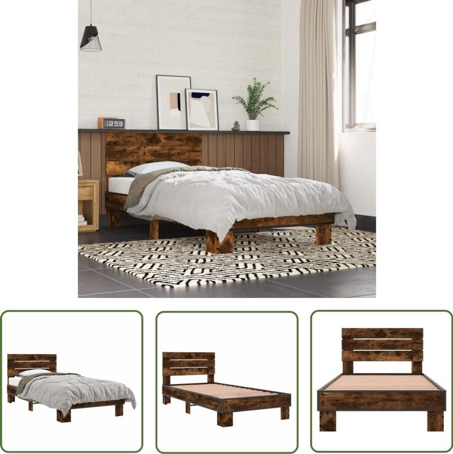 VidaXL Bedframe bewerkt hout en metaal gerookt eikenkleurig 75x190 cm Bed Frame Houten Bed Bedkast Bruine Bed Tweepersoonsbed