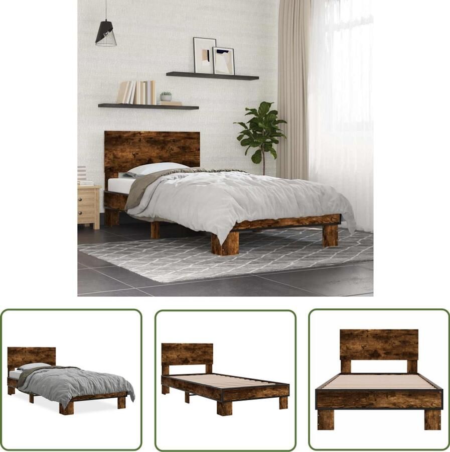 VidaXL Bedframe bewerkt hout en metaal gerookt eikenkleurig 75x190 cm Bed Frame Houten Bed Bruine Bed Tweepersoonsbed King Size Bed
