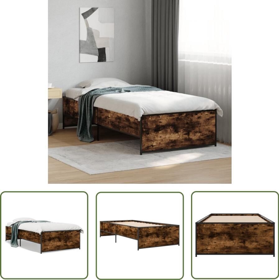 VidaXL Bedframe bewerkt hout en metaal gerookt eikenkleurig 90x200 cm Bed Frame Houten Bed Industrieel Bed Bruine Bed Tweepersoons Bed