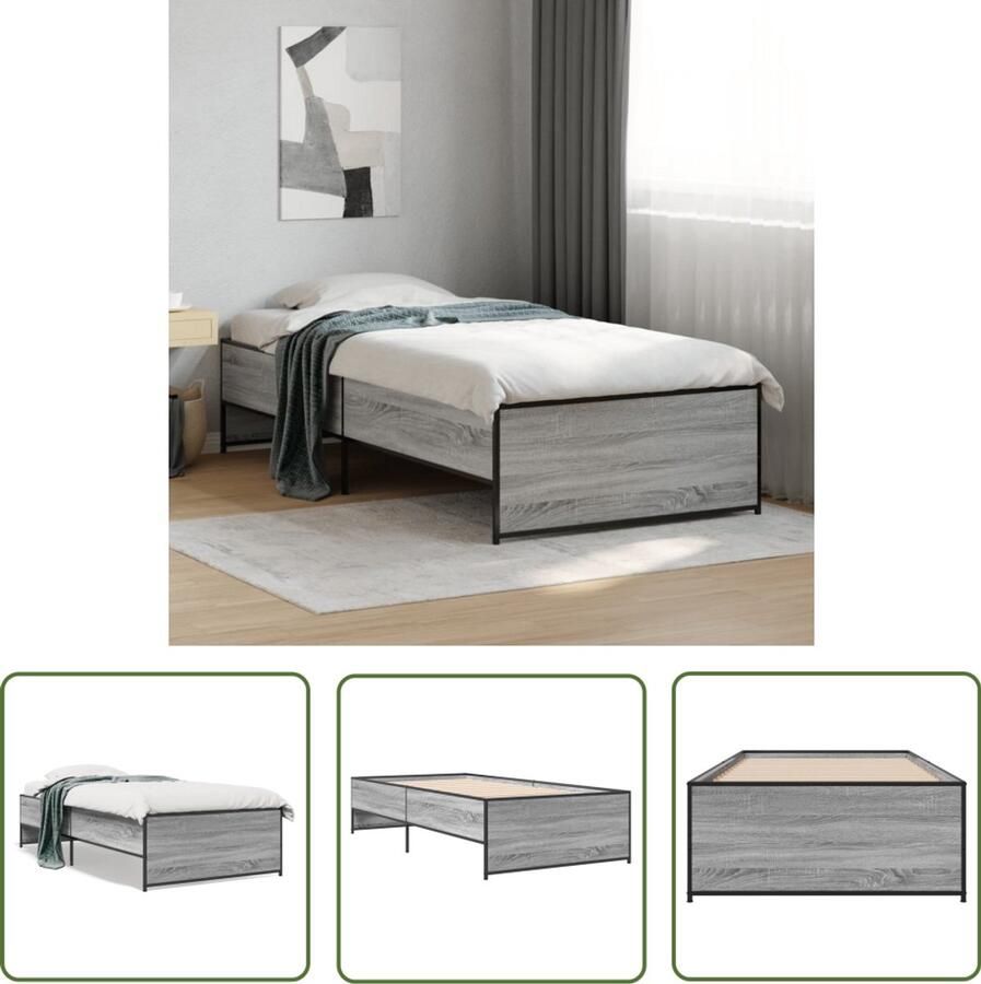 VidaXL Houten Bed Frame Bedframe bewerkt hout en metaal grijs sonoma eiken 100x200 cm Bed Grijze Kleur Bed 100x200 Tweepersoonsbed - Foto 3