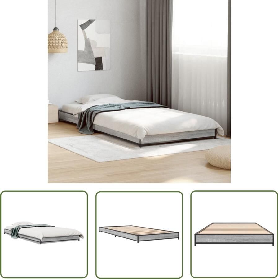VidaXL Houten Bed Frame Bedframe bewerkt hout en metaal grijs sonoma eiken 100x200 cm Bed Grijze Kleur Bed 100x200 Tweepersoonsbed