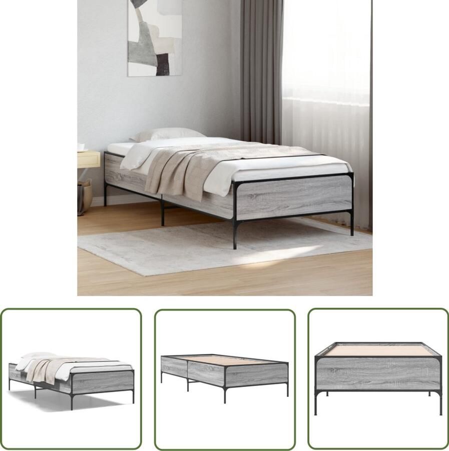 VidaXL Bedframe bewerkt hout en metaal grijs sonoma eiken 100x200 cm Bed Frame Houten Bed Grijze Bed Sonoma Eiken Tweepersoonsbed