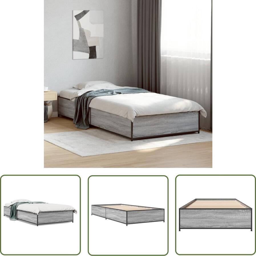 The Living Store Bedframe Multiplex Lattenbodem 193x93x29 cm Grijs Sonoma Eiken Metalen Poten Bed Frame Houten Bed Tweepersoons Bed Slaapcomfort Bedbodems