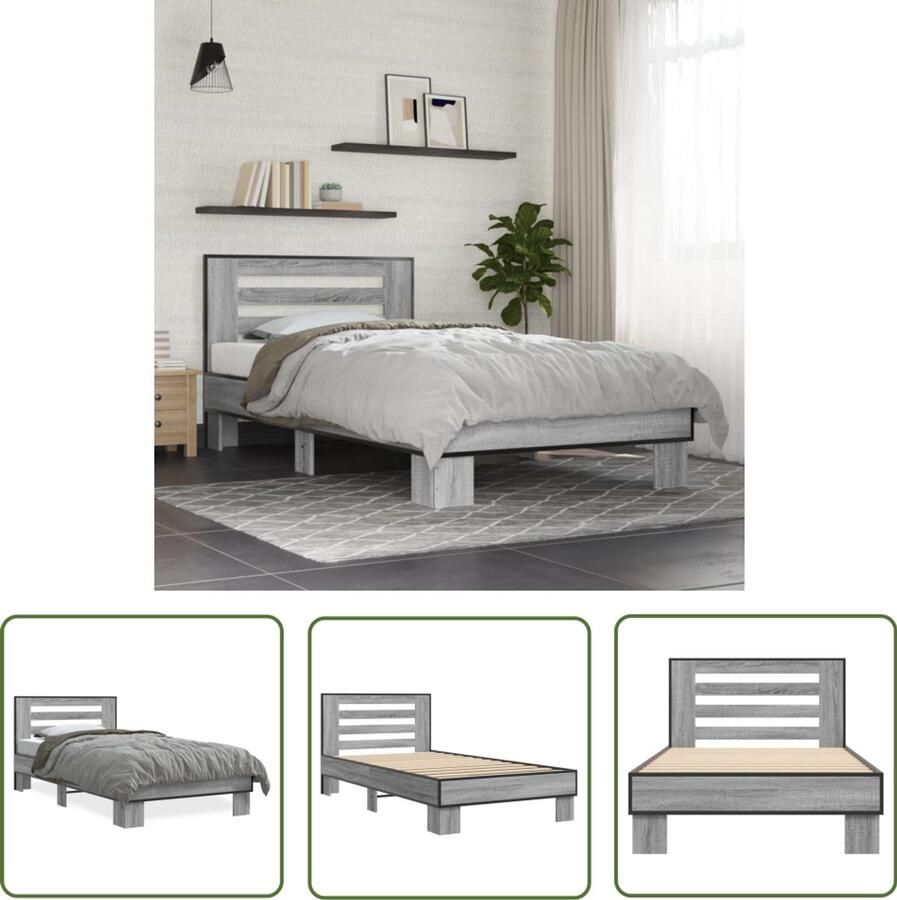 VidaXL Bedframe bewerkt hout en metaal grijs sonoma eiken 90x200 cm Bed Frame Houten Bed 90x200 Grijze Bed Sonomane Eiken Bed