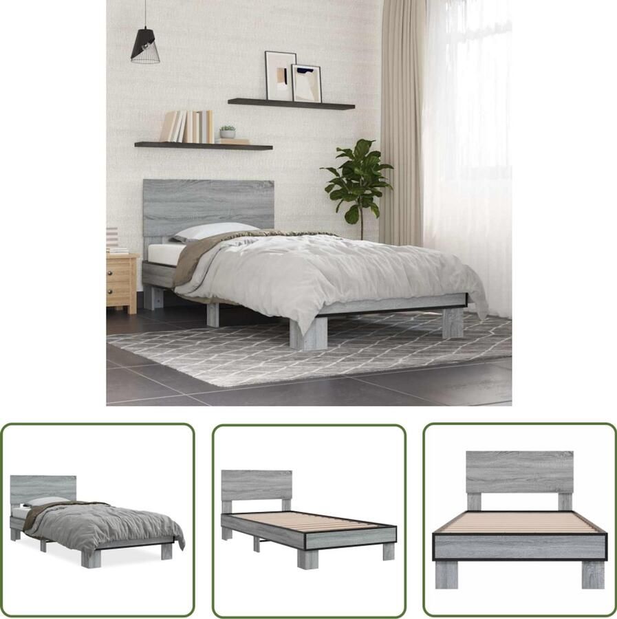 VidaXL Bedframe bewerkt hout en metaal grijs sonoma eiken 90x200 cm Bed Frame Houten Bed Grijze Kleur Bed 90x200 Sonoma Eiken