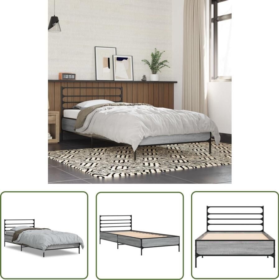 VidaXL Bedframe bewerkt hout en metaal grijs sonoma eiken 90x200 cm Bed Frame Houten Bed Enkel Bed Grijze Bed Minimalistisch Bed