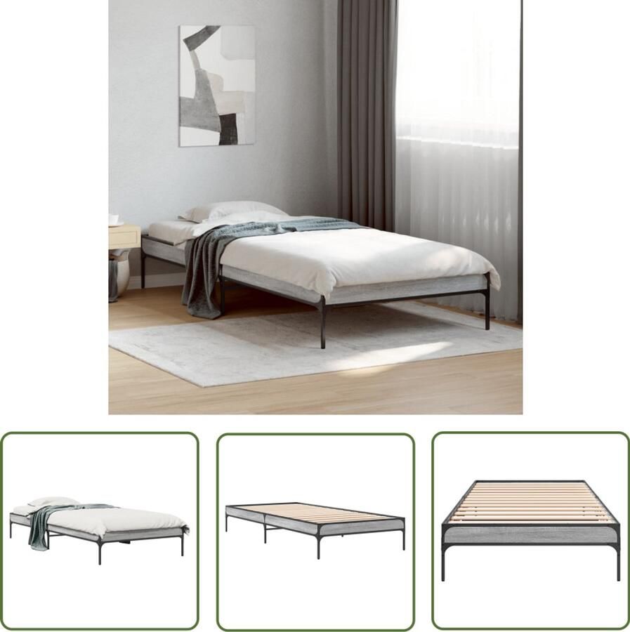 VidaXL Bedframe bewerkt hout en metaal grijs sonoma eiken 90x200 cm Bed Frame Houten Bed Grijze Bed Tweepersoonsbed Boxspring Bed