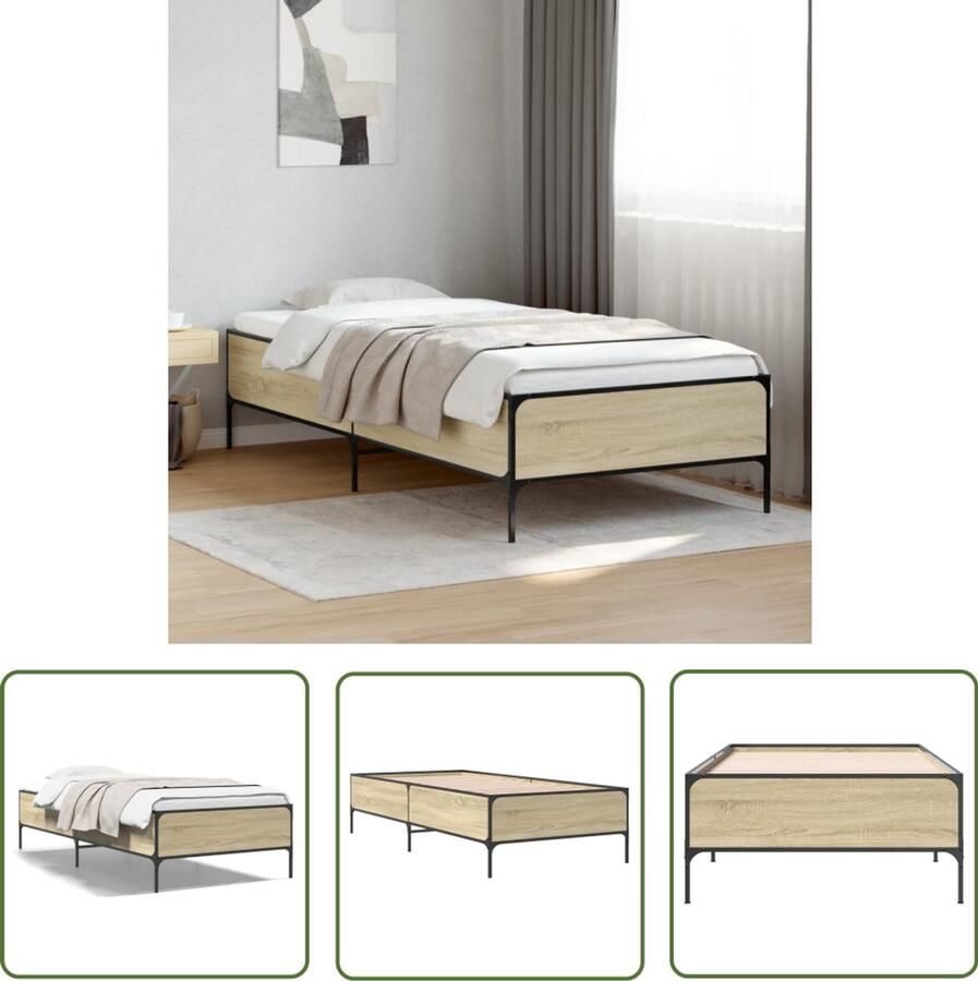 VidaXL Houten Bed Frame Bedframe bewerkt hout en metaal sonoma eikenkleurig 100x200 cm Bed 100x200 Sonoma Eiken Tweepersoonsbed