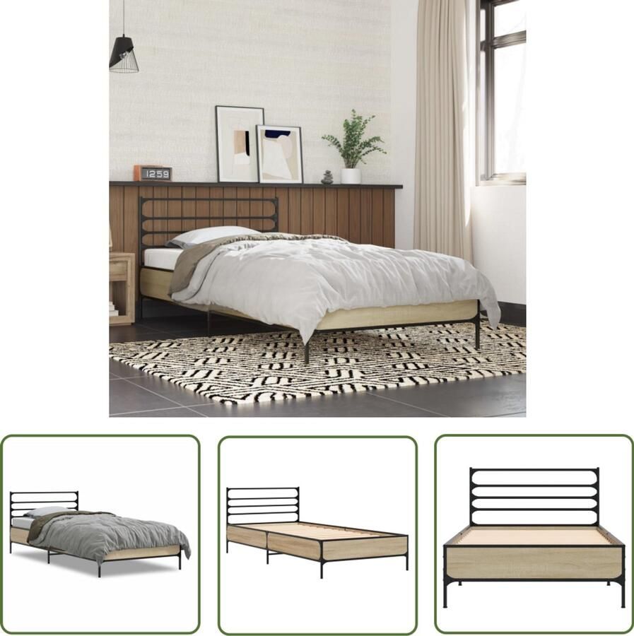 VidaXL Houten Bed Frame Bedframe bewerkt hout en metaal sonoma eikenkleurig 100x200 cm Bed Met Hoofdbord Sonoma Eiken Tweepersoonsbed