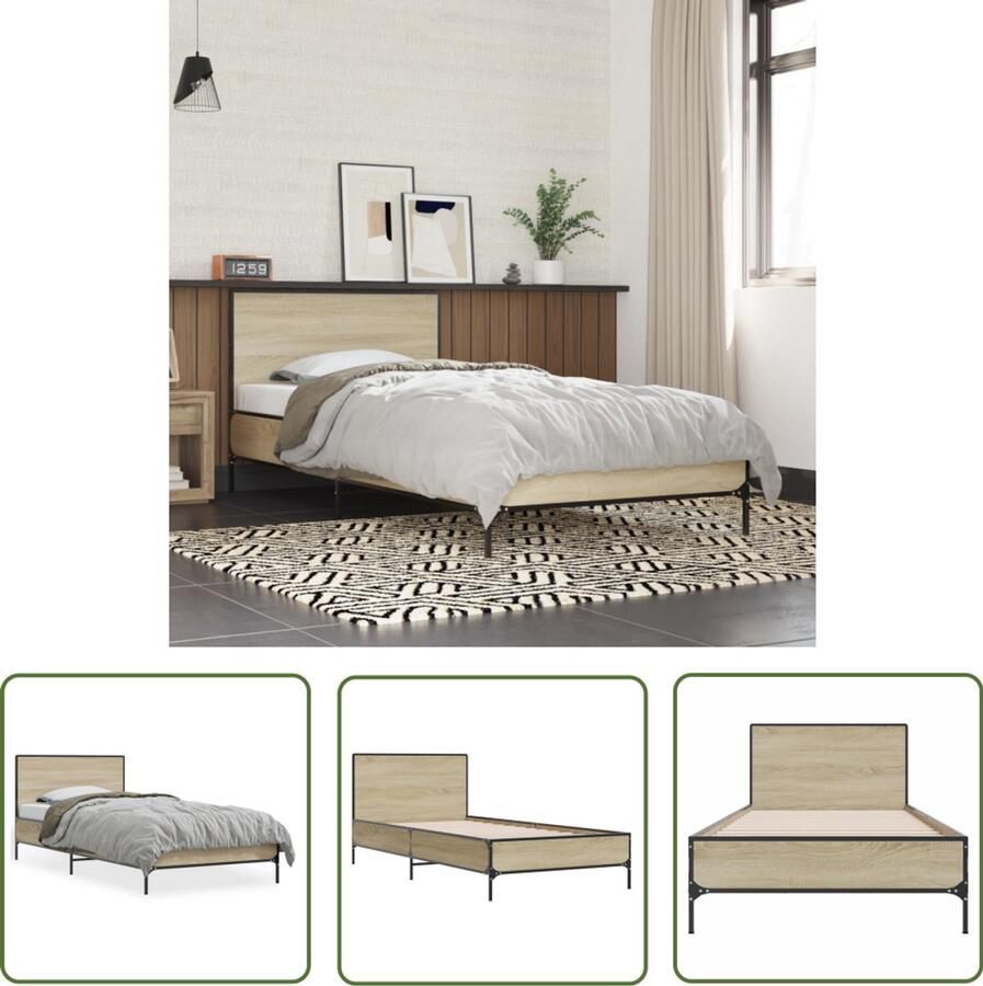 VidaXL Bedframe bewerkt hout en metaal sonoma eikenkleurig 100x200 cm Bed Frame Houten Bed Bruine Bed Tweepersoonsbed Bed 100x200