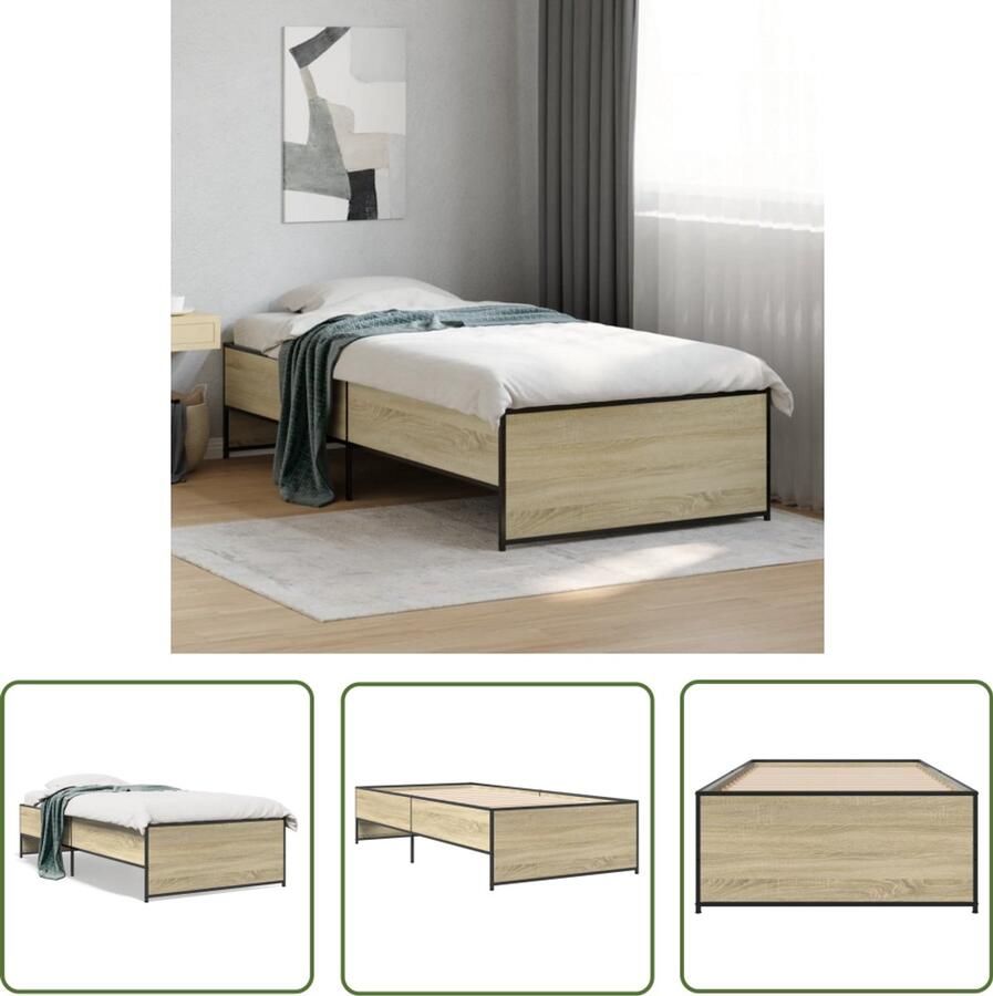 VidaXL Houten Bed Frame Bedframe bewerkt hout en metaal sonoma eikenkleurig 75x190 cm Bed Met Hoofdbord Sonoma Eiken Tweepersoonsbed