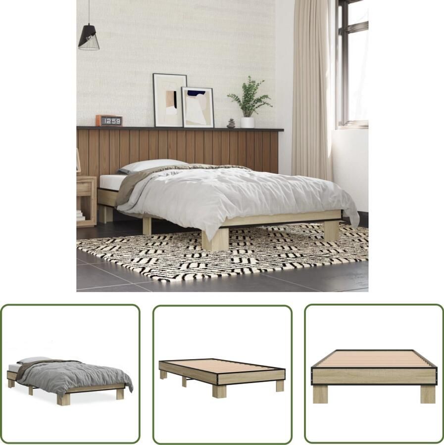 VidaXL Houten Bed Frame Bedframe bewerkt hout en metaal sonoma eikenkleurig 75x190 cm Bed Met Metalen Poten Sonoma Eiken Tweepersoonsbed