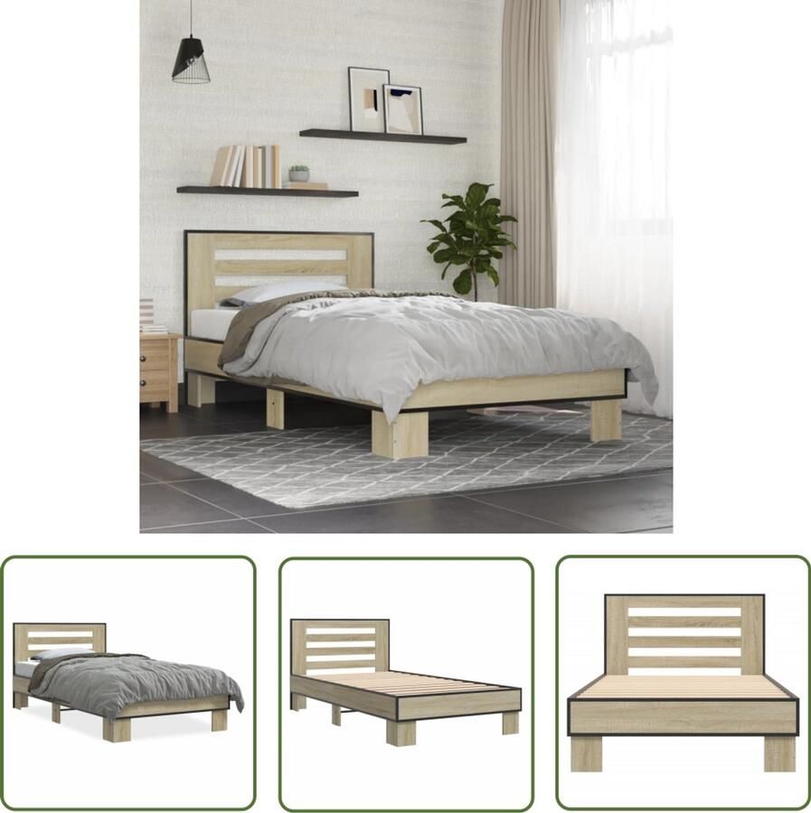 VidaXL Houten Bed Frame Bedframe bewerkt hout en metaal sonoma eikenkleurig 75x190 cm Bed Met Hoofdbord Sonoma Eiken Tweepersoonsbed - Foto 2