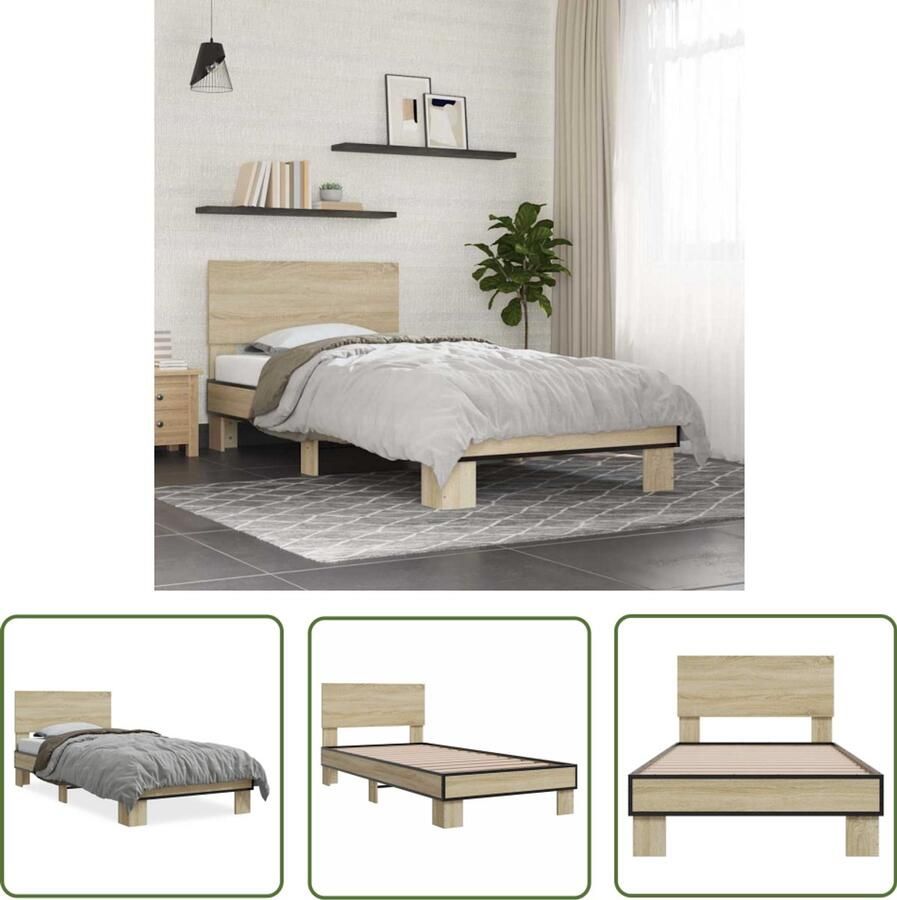 VidaXL Bedframe bewerkt hout en metaal sonoma eikenkleurig 75x190 cm Bed Frame Houten Bed Sonom Eiken Enkel Bed Klein Bed