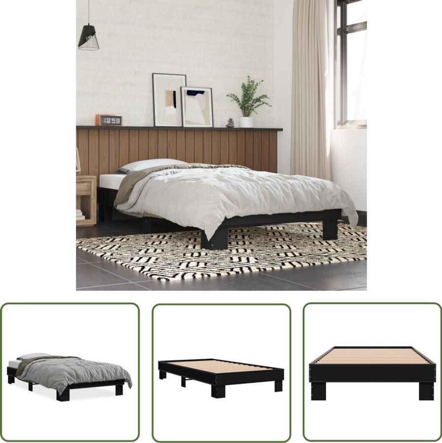 VidaXL Bedframe bewerkt hout en metaal zwart 100x200 cm Bed Frame Houten Bed Zwarte Bed Tweepersoonsbed Boxspring