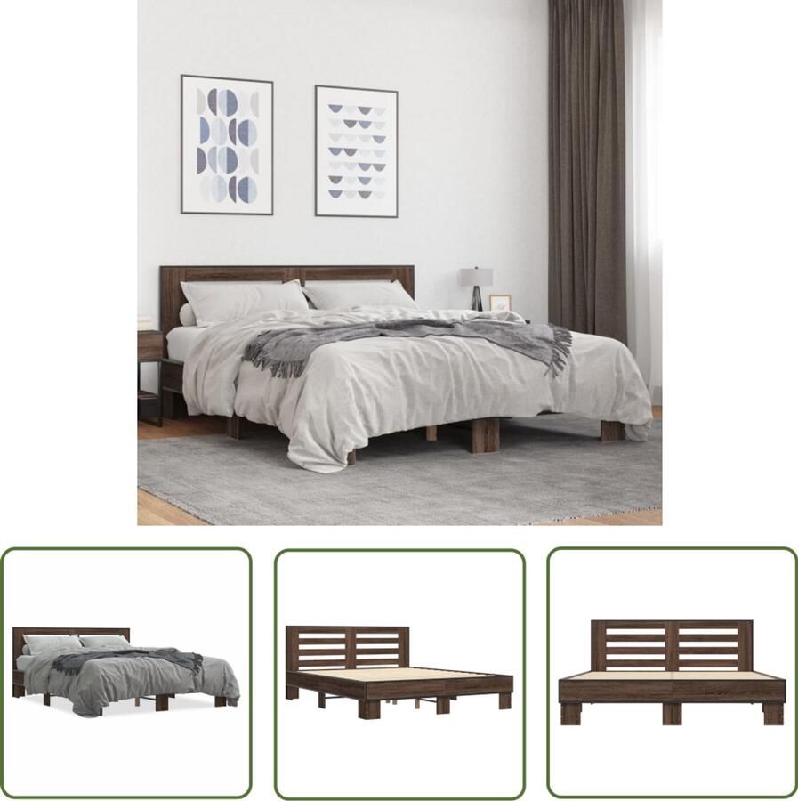 VidaXL Houten Bed Frame Bedframe bewerkt hout metaal bruin eikenkleur 150x200 cm Bruine Bed Tweepersoons Bed Slaapkamerstijl