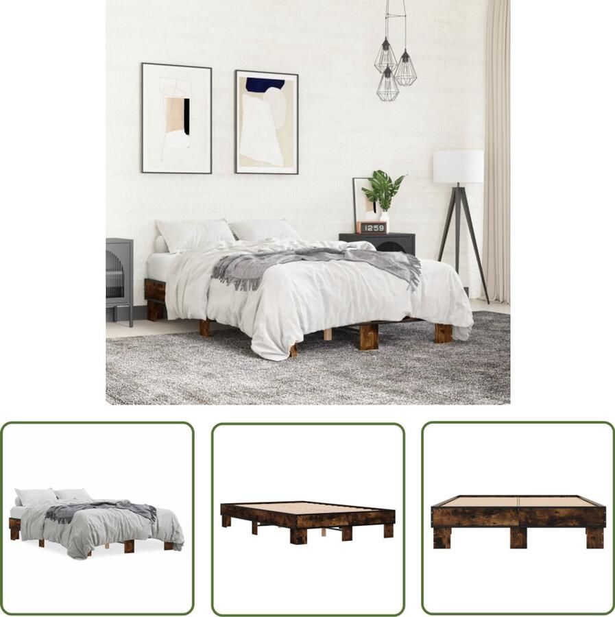 VidaXL Bedframe bewerkt hout metaal gerookt eikenkleurig 135x190 cm Bed Frame Houten Bed Bruine Bed Tweepersoonsbed Boxspring Bed