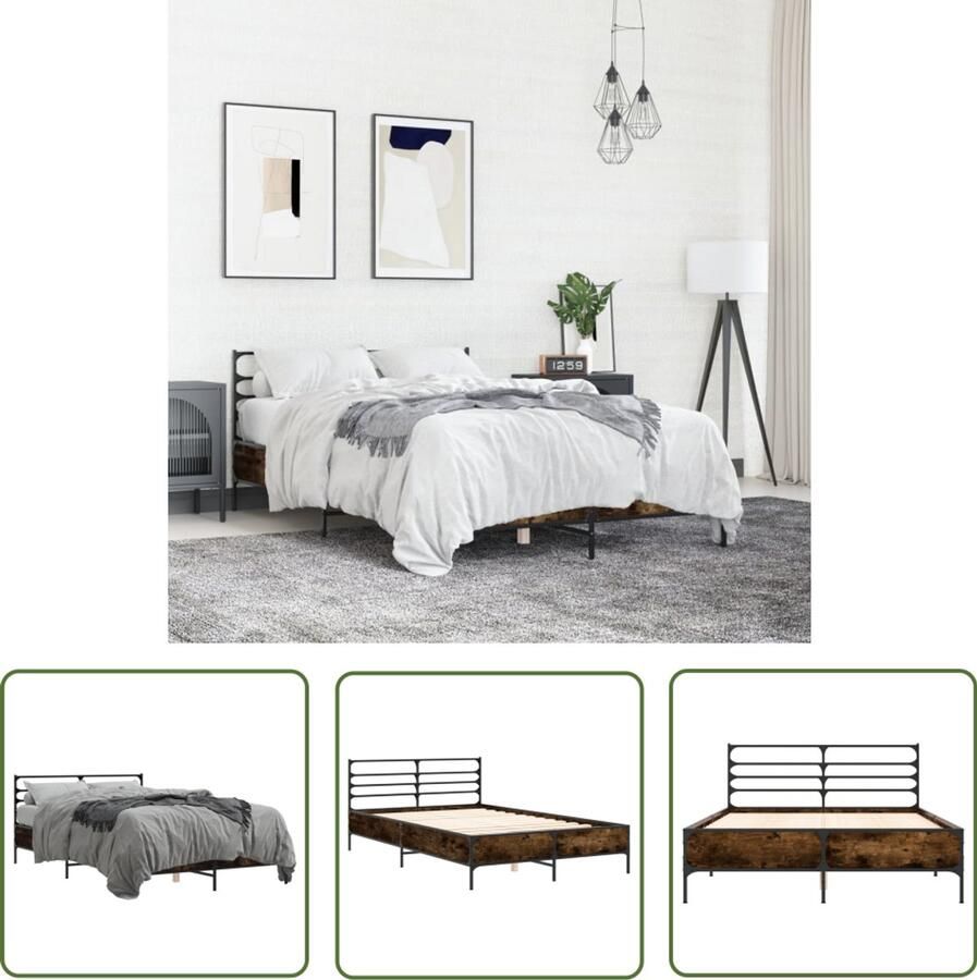 VidaXL Houten Bed Frame Bedframe bewerkt hout metaal gerookt eikenkleurig 140x190 cm Bruine Bed Tweepersoonsbed Slaapcomfort