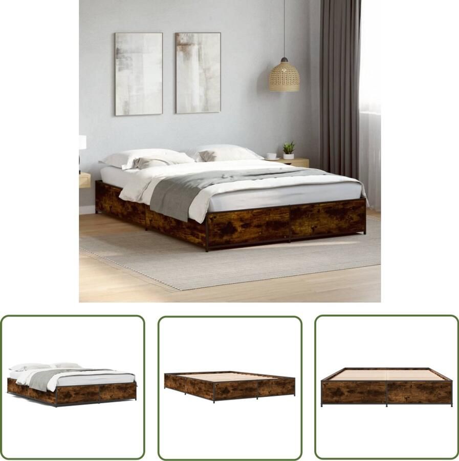 VidaXL Bedframe bewerkt hout metaal gerookt eikenkleurig 140x200 cm Bed Frame Houten Bed Bruine Bed Tweepersoonsbed Boxspring Bed