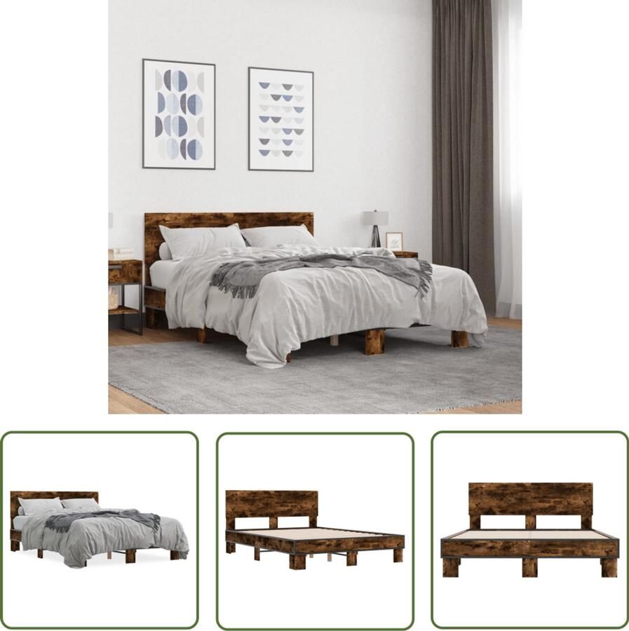 VidaXL Bedframe bewerkt hout metaal gerookt eikenkleurig 140x200 cm Bed Frame Houten Bed Bruine Bed Tweepersoonsbed Boxspring Bed