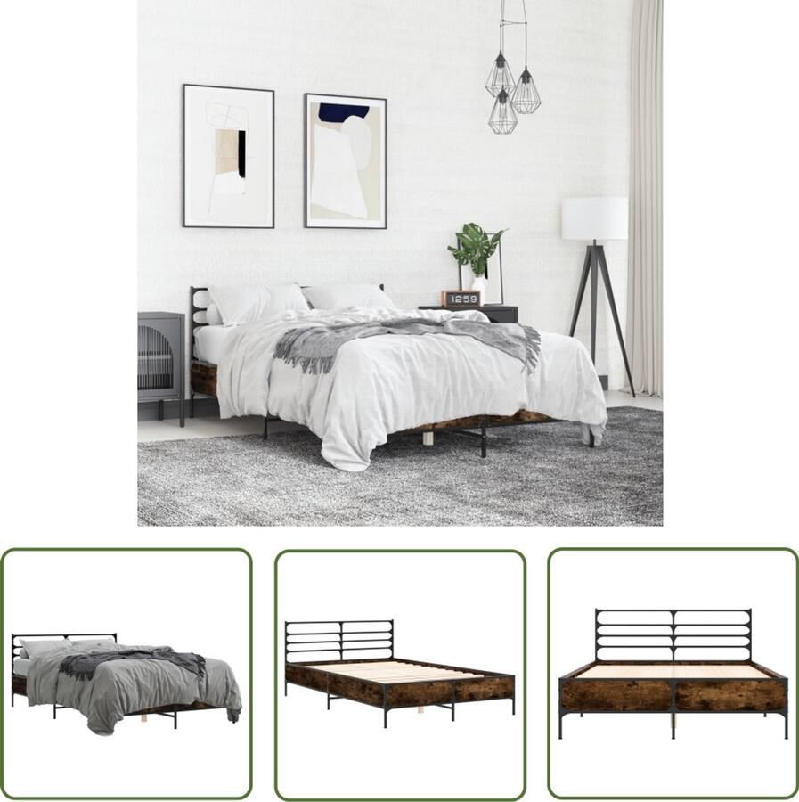 VidaXL Bedframe bewerkt hout metaal gerookt eikenkleurig 140x200 cm Bed Frame Houten Bed Bruine Bed Tweepersoonsbed Boxspring Bed